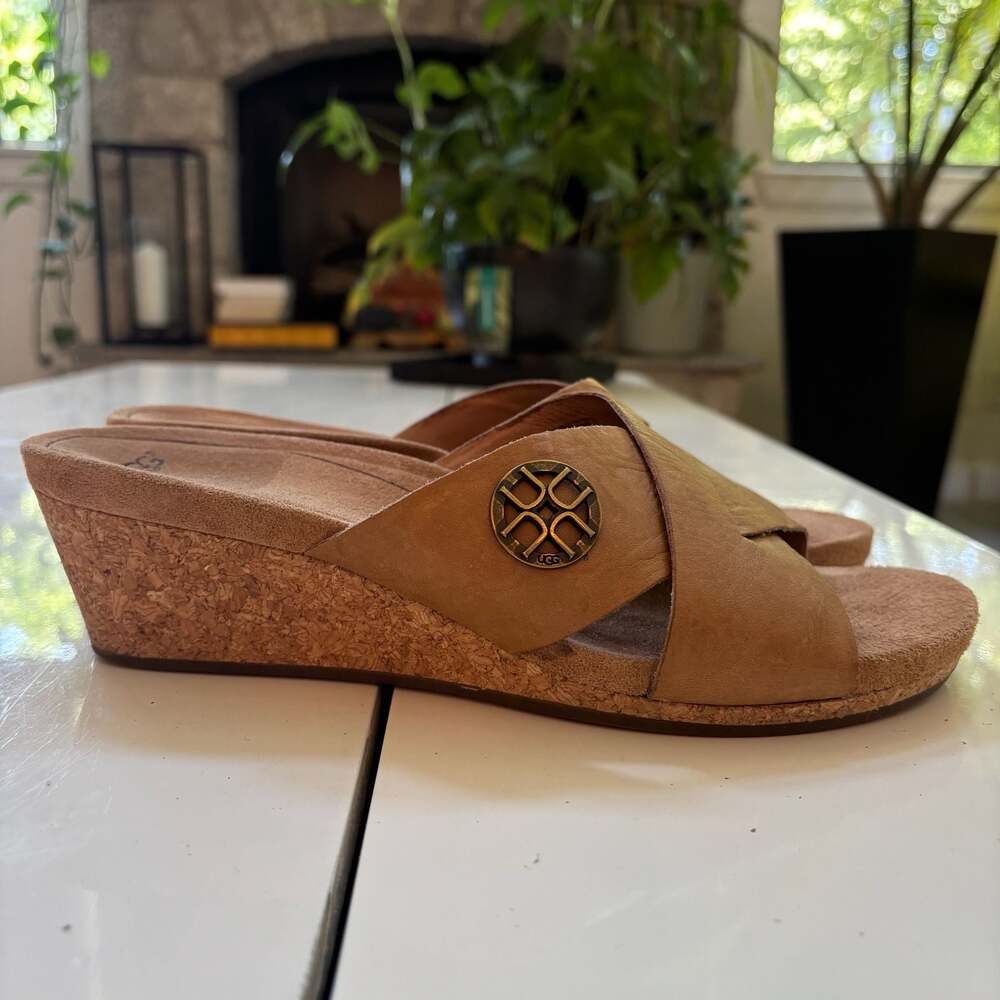 UGG Women's Leather Cork Wedge Sandals Size 9